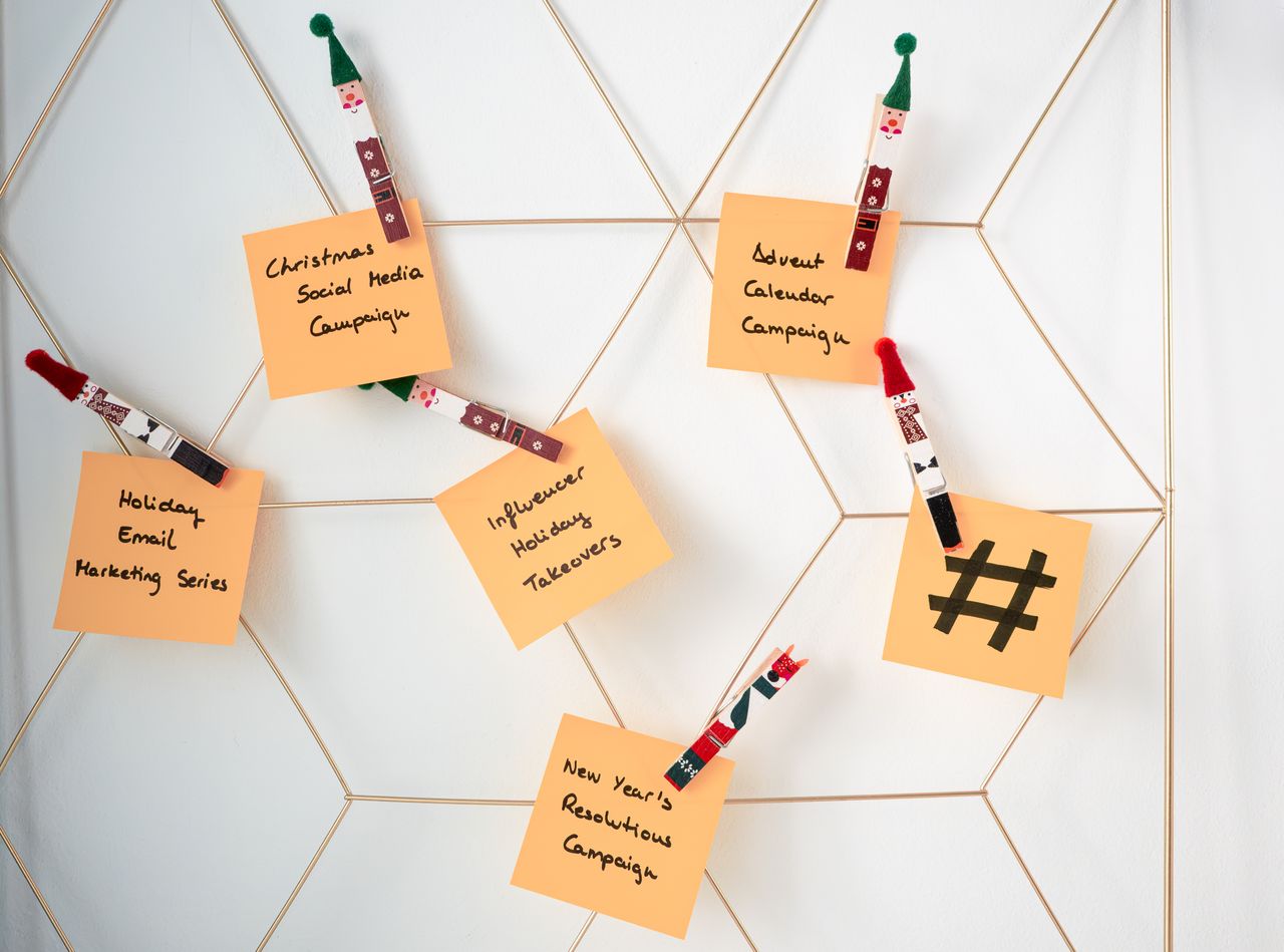 home-services-03 Sticky notes with holiday marketing ideas clipped to a wall grid.